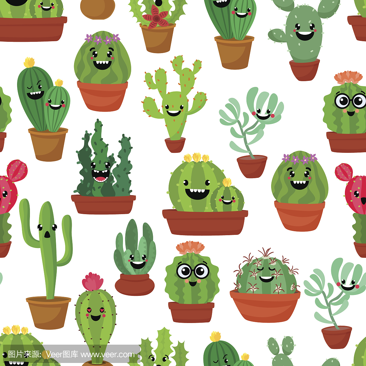 与可爱的卡哇伊仙人掌和多肉植物与有趣的脸,