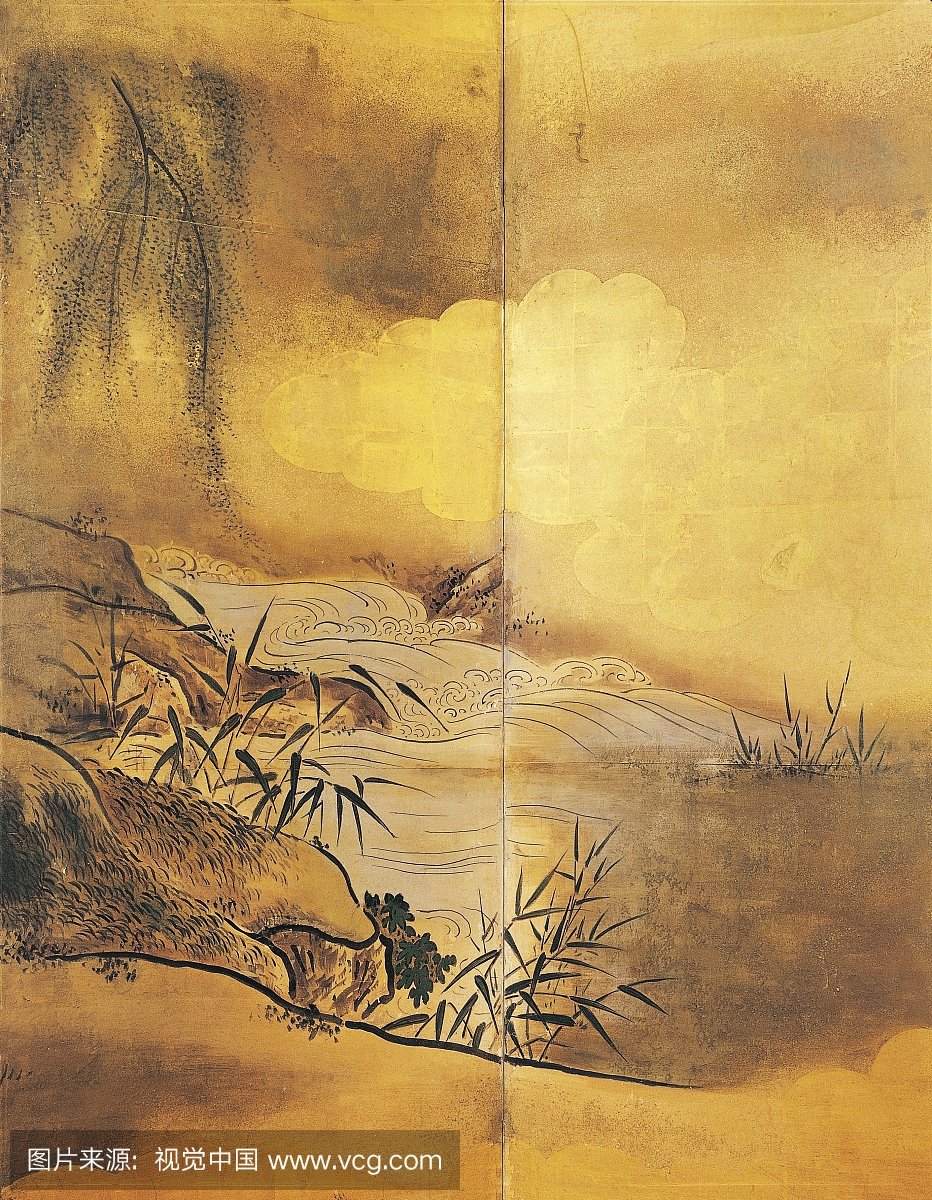 瀑布景观,由日本的卡诺·坦西(1654-1713)。详