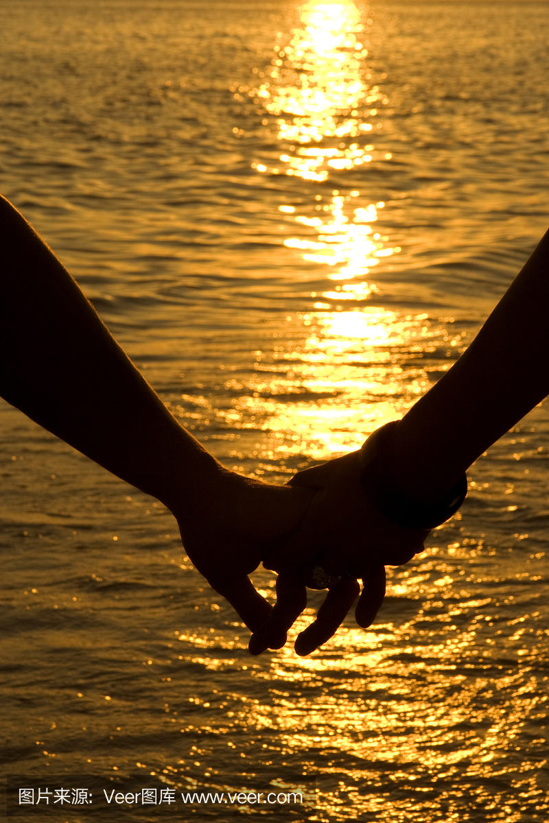 夫妇牵着手剪影和日落
