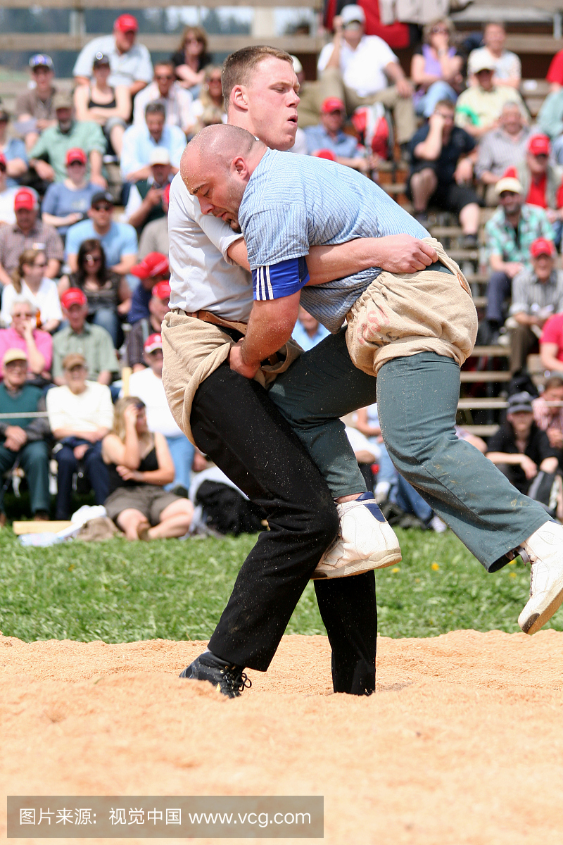 Schwingen(瑞士摔跤手)在民俗节日,观众在背景