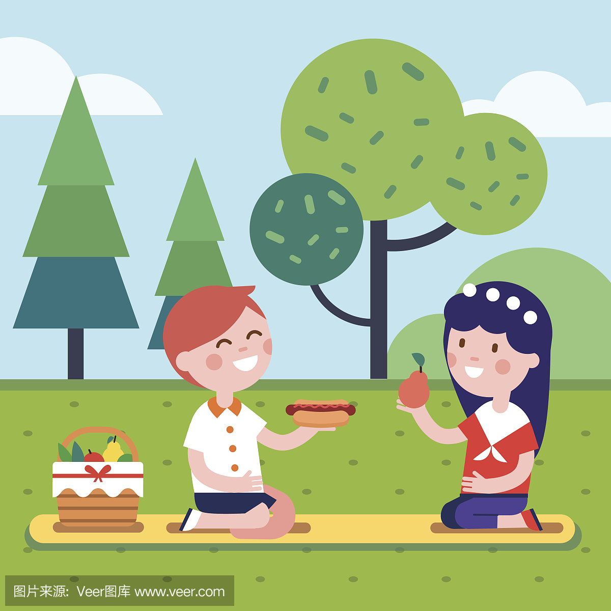 两个孩子在公园草地上吃午饭野餐