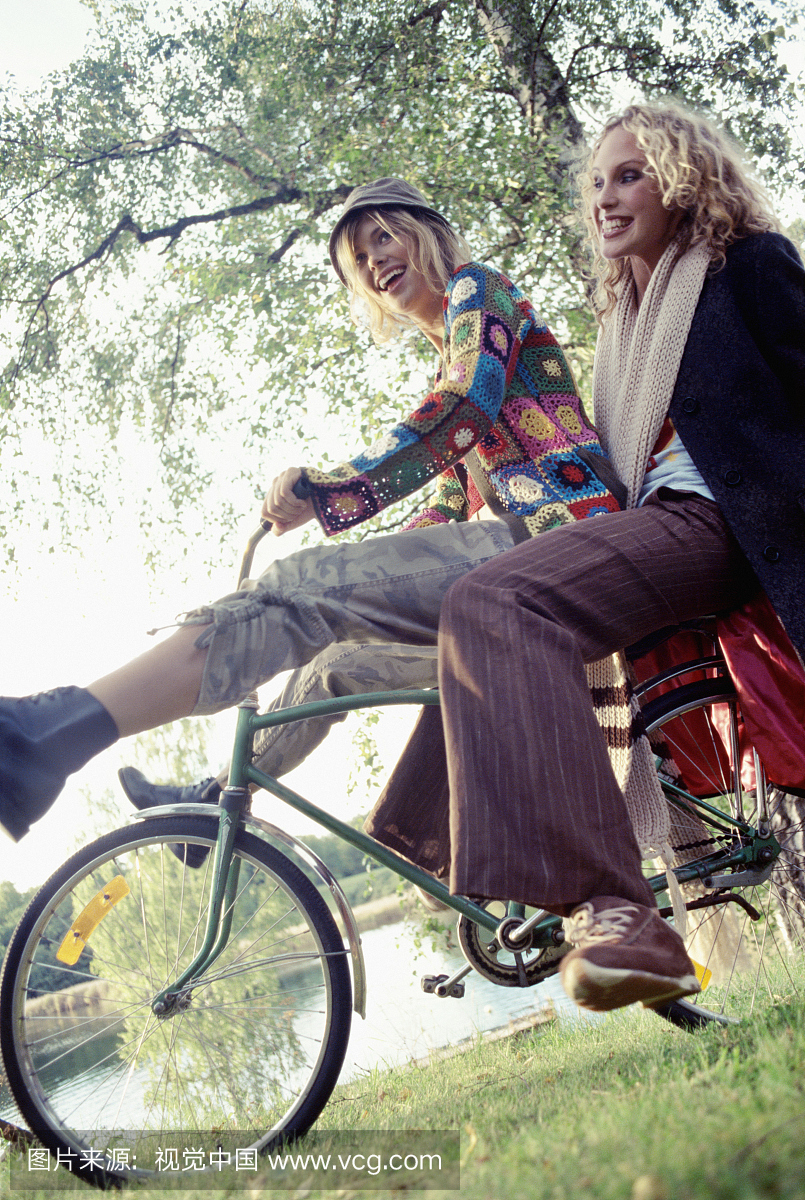 Two Young Women Riding a Bicycle