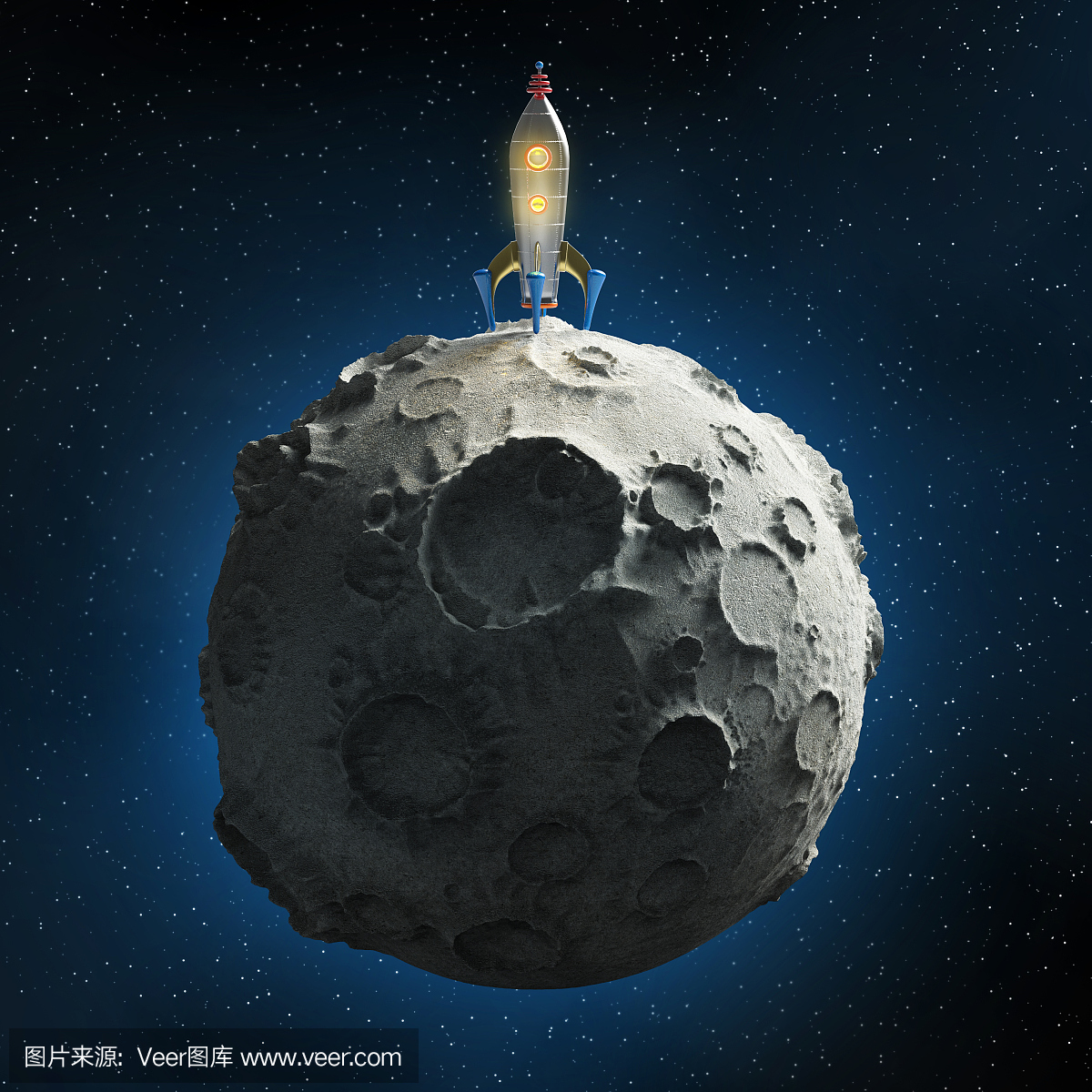 光滑的金属复古火箭登陆月球表面