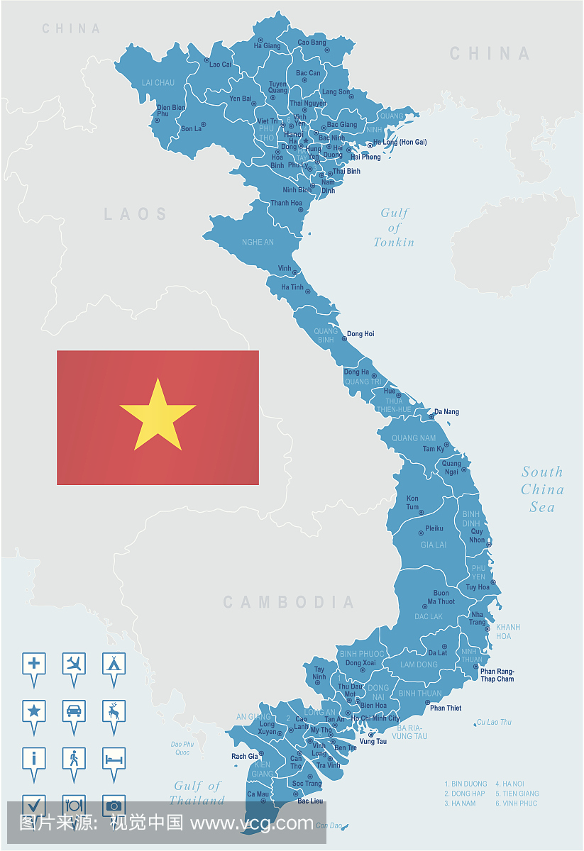 越南地图 - 州,城市,国旗和导航图标