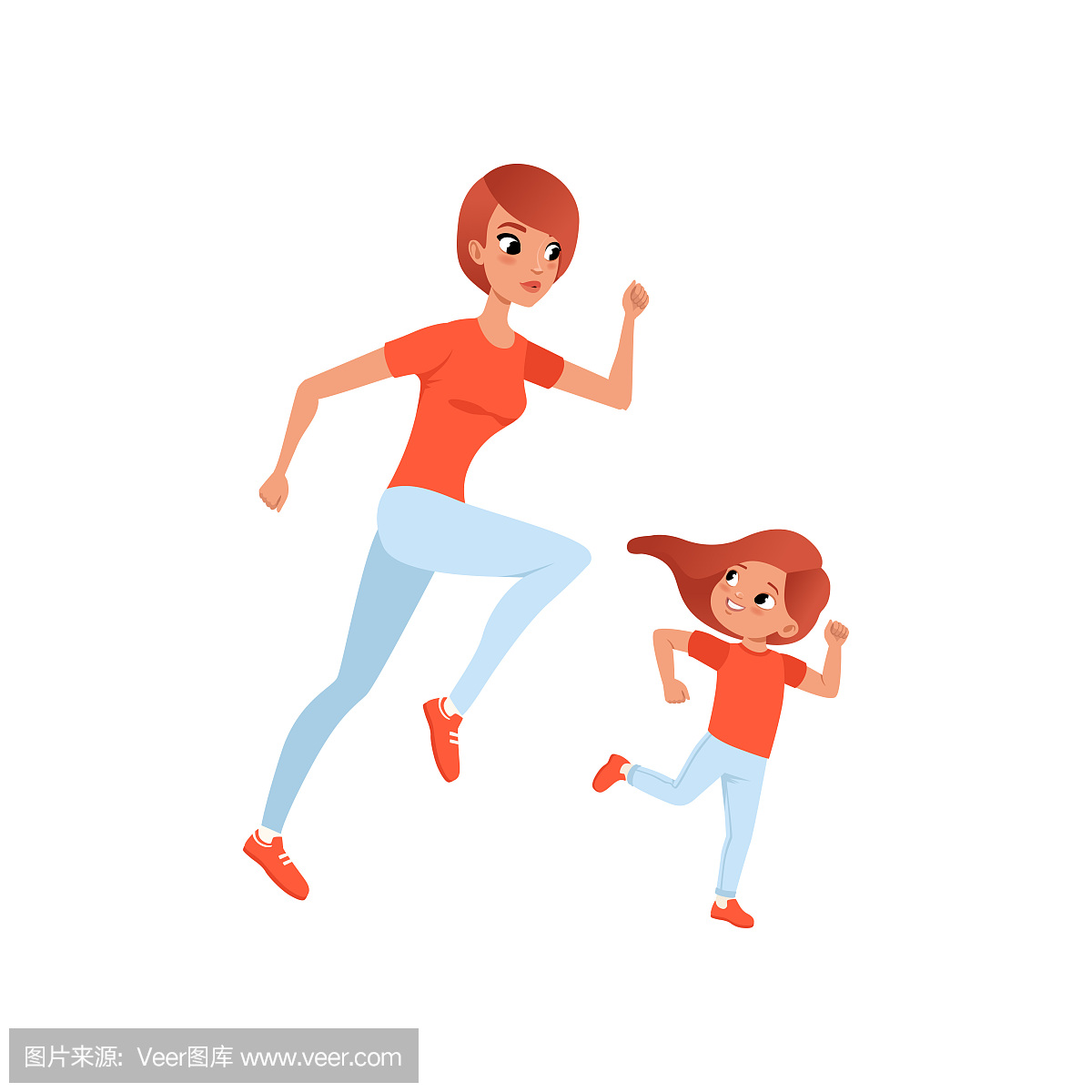 母亲和她的小女儿早上慢跑。体育活动和健康的