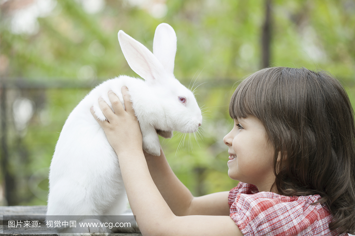 小女孩和白色的兔子