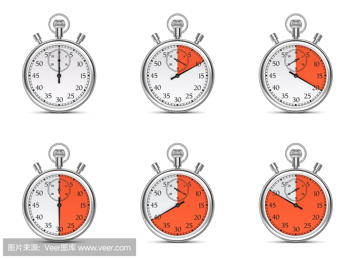 秒表在白色背景上不同的时间间隔。