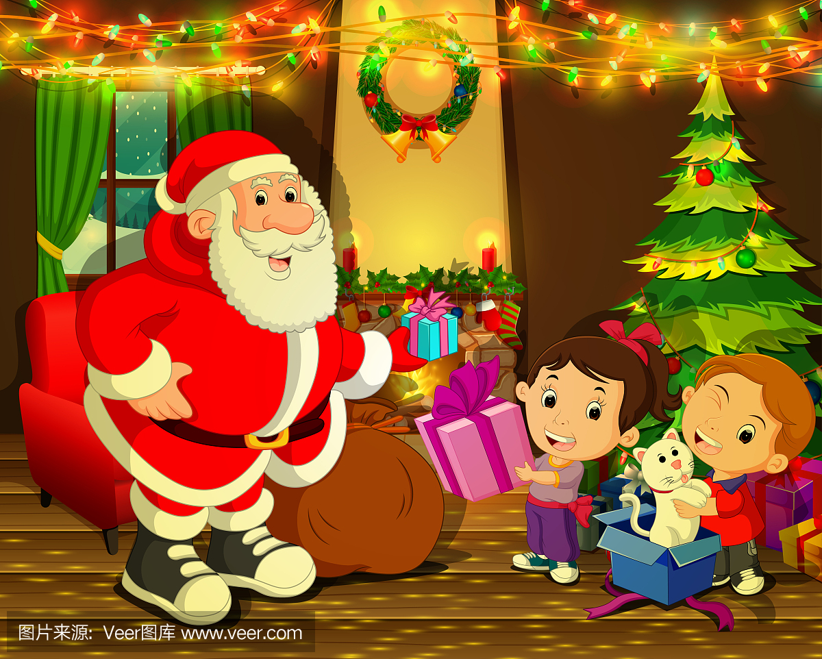 圣诞老人与圣诞树和可爱的孩子