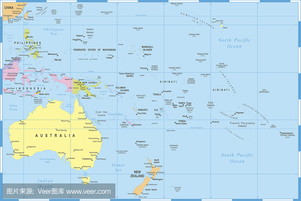 澳大利亚和大洋洲地图 - 矢量插图