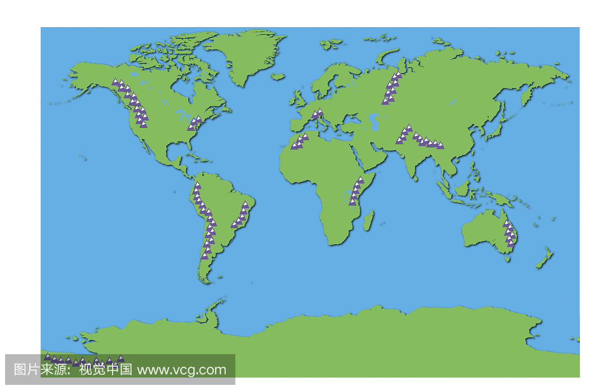 在世界地图上显示紫色山脉的数字插图