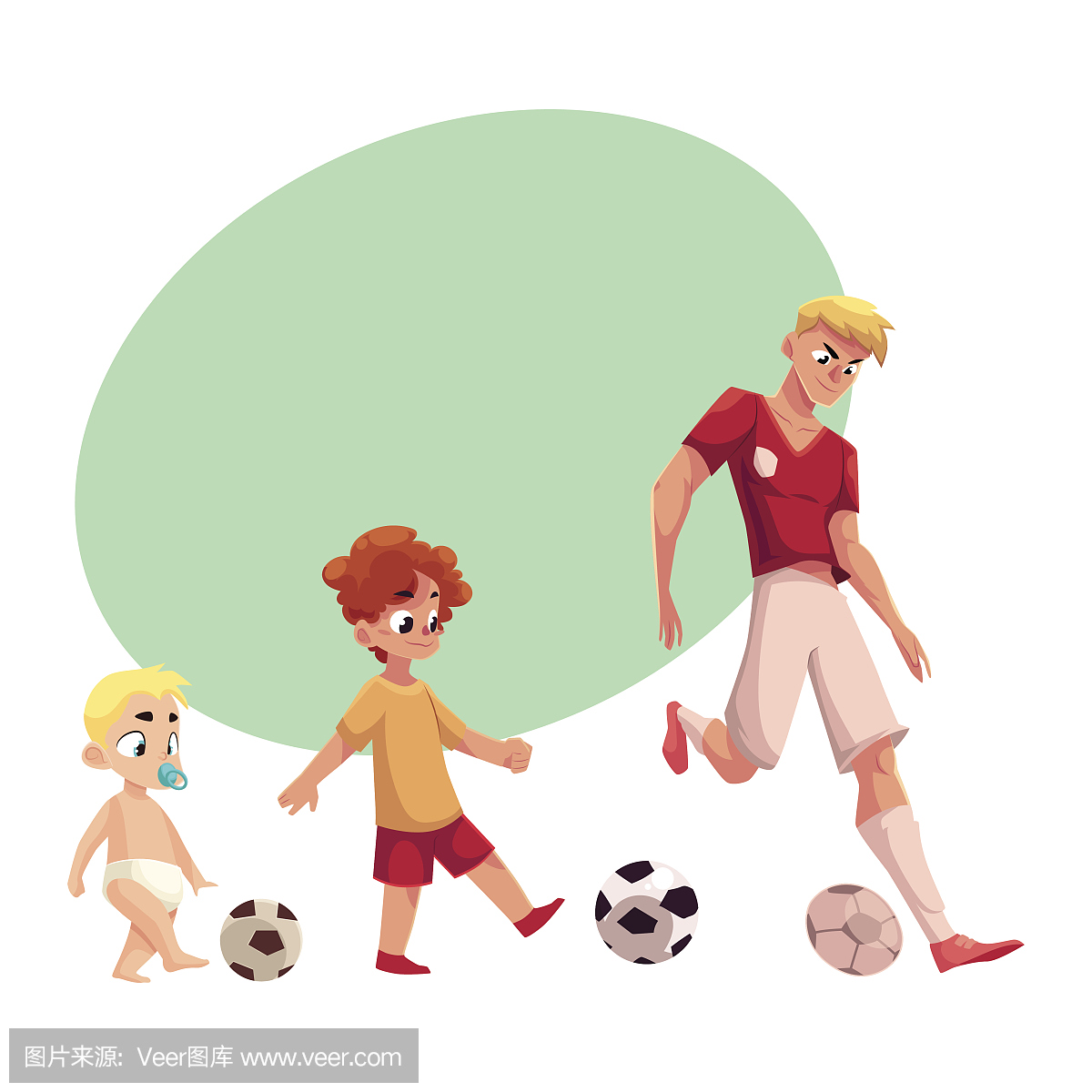 婴儿,小孩和成人足球运动员踢足球,运动为所有