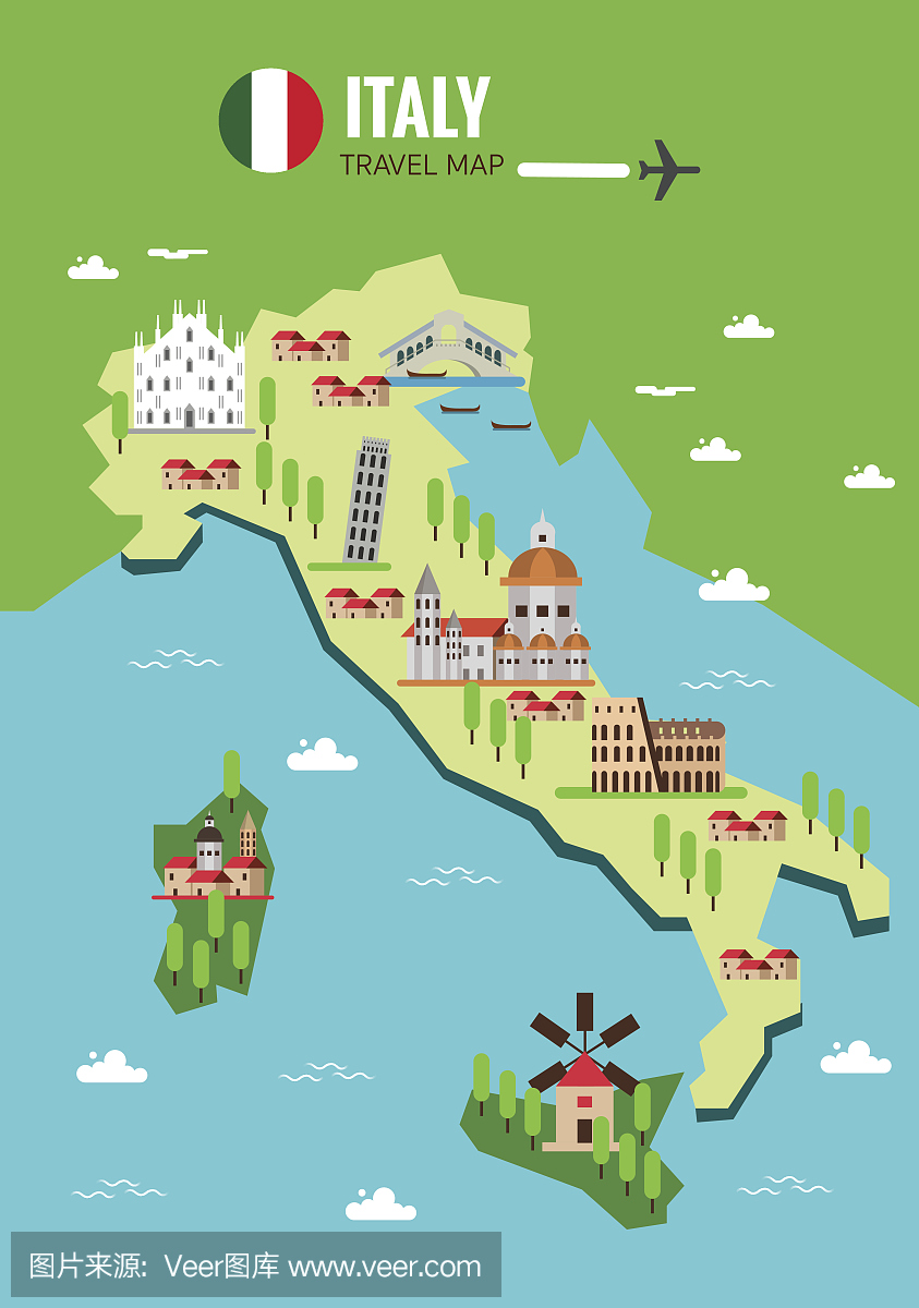 意大利旅游地图,意大利斗兽场,米兰,威尼斯。西