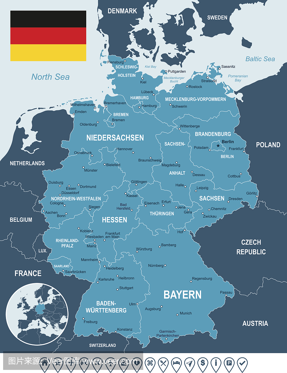 德国地图详细的标志和标签