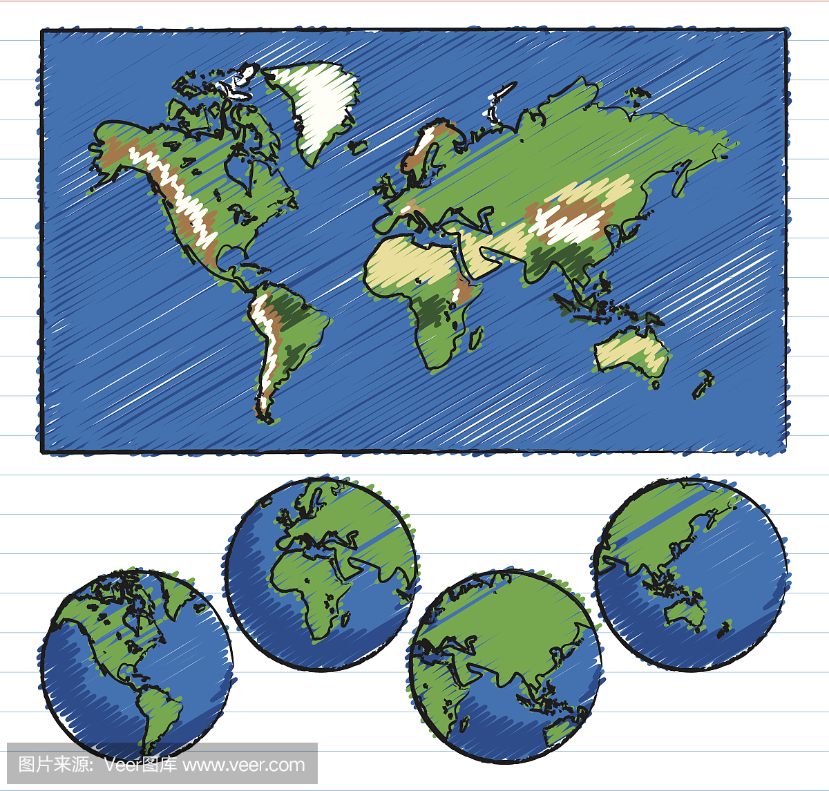 地形世界地图和地球仪手绘与蜡笔