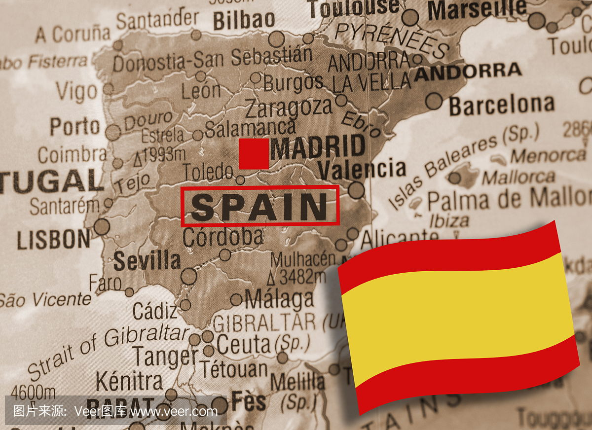 国家:欧洲国家地图。专注于马德里,西班牙。旗