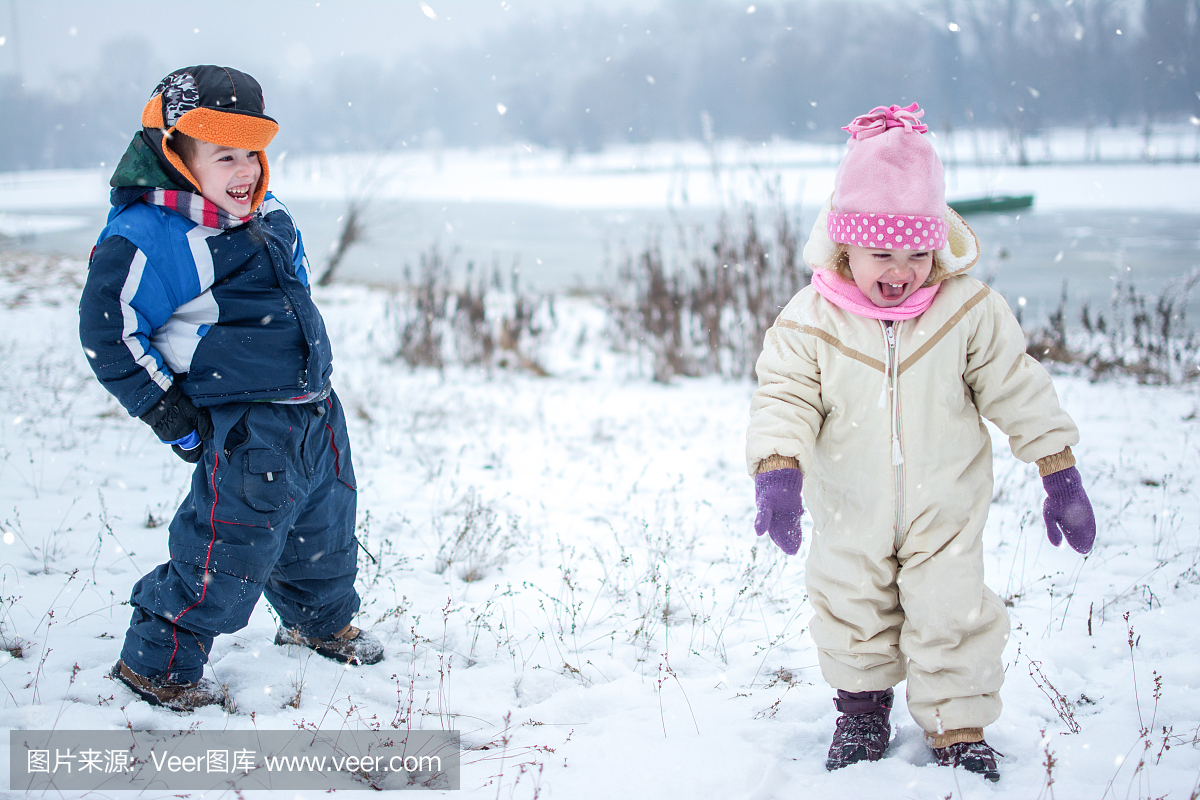 微笑的小孩在一起玩在冬季公园的下雪天。