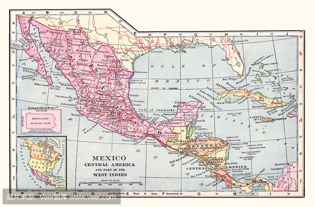 墨西哥和中美洲地图1892年