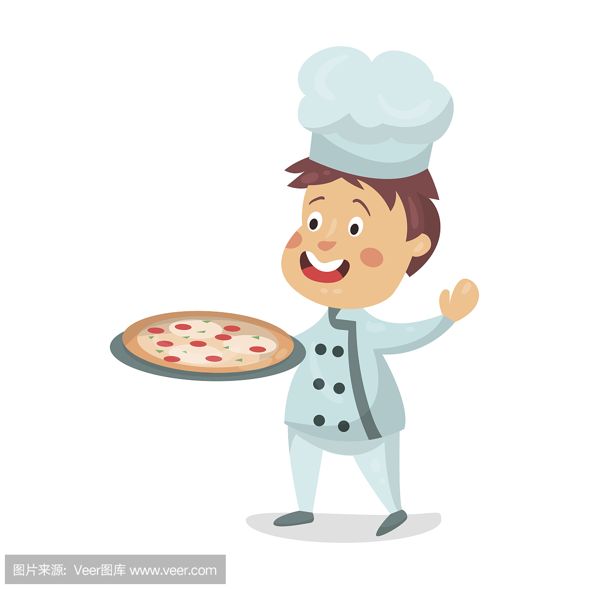 可爱的卡通小男孩厨师人物拿着比萨饼在烹饪托