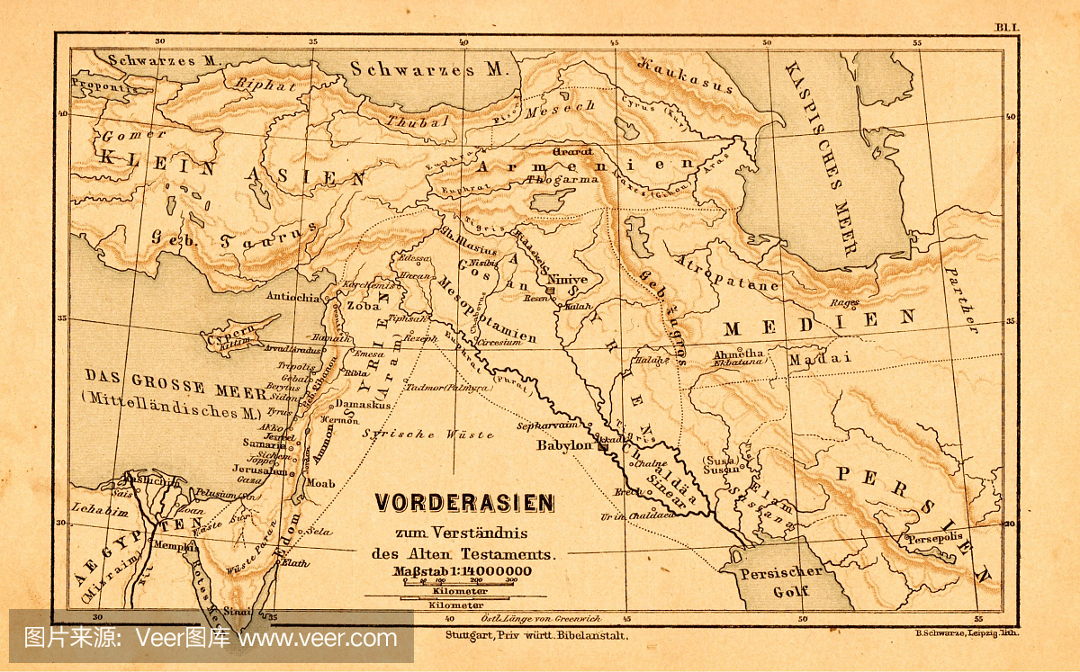 西南亚地图从1895年的德国圣经