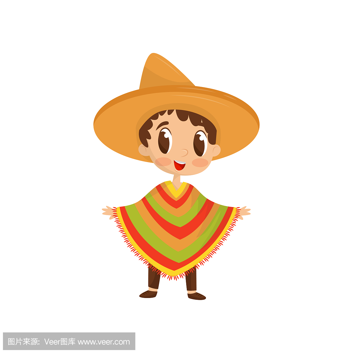 卡通人物的小男孩在丰富多彩的墨西哥雨披和草