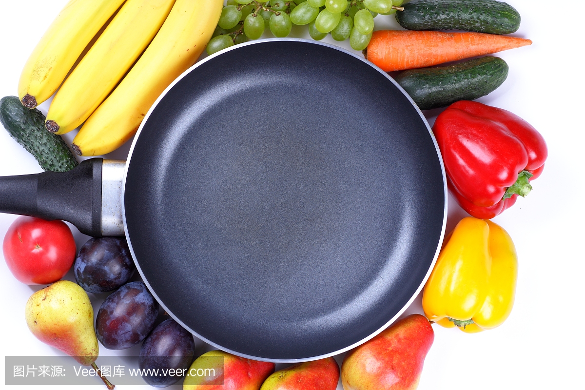 Fruits and vegetables around an empty frying p