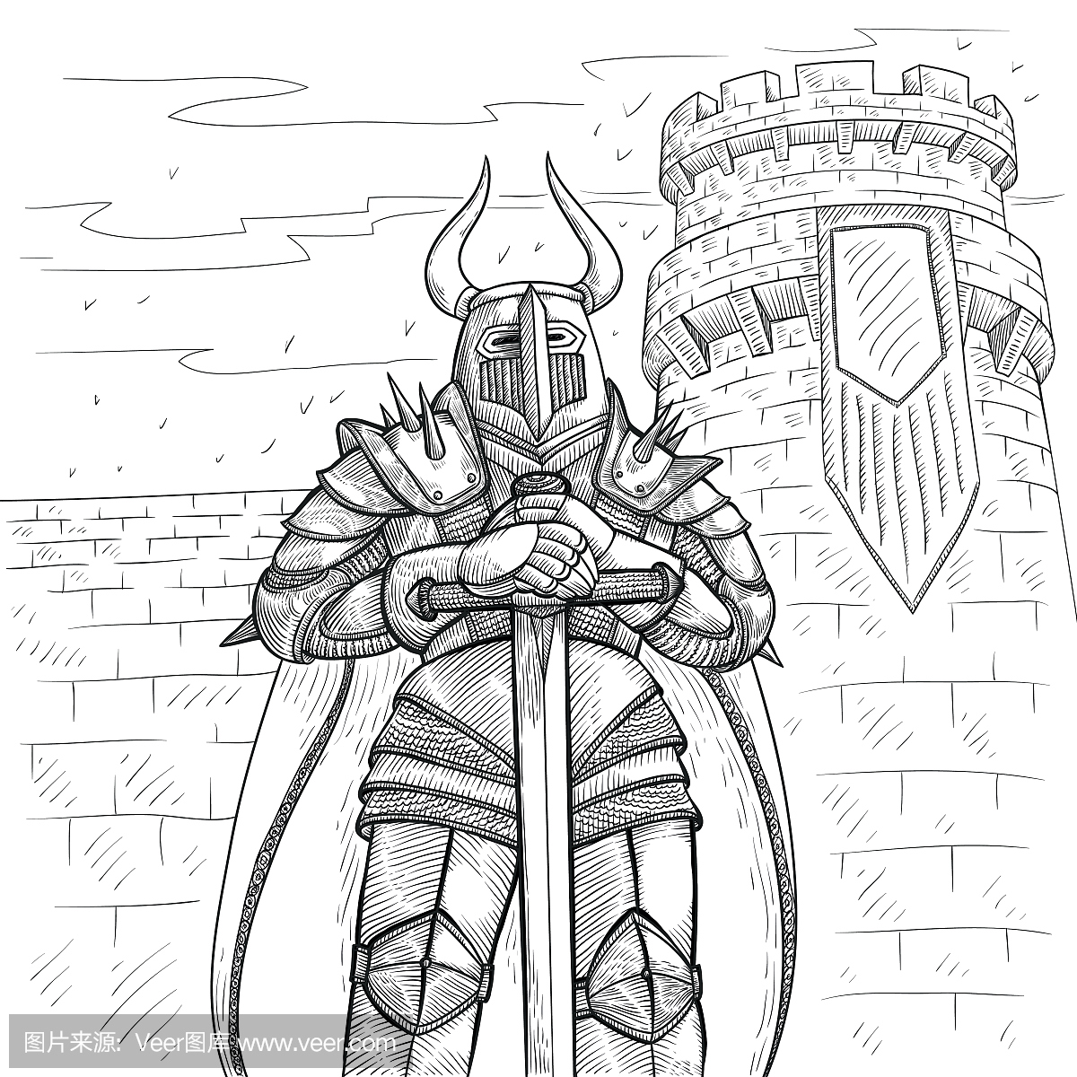 矢量素描插图的手。重金属盔甲中的中世纪骑士