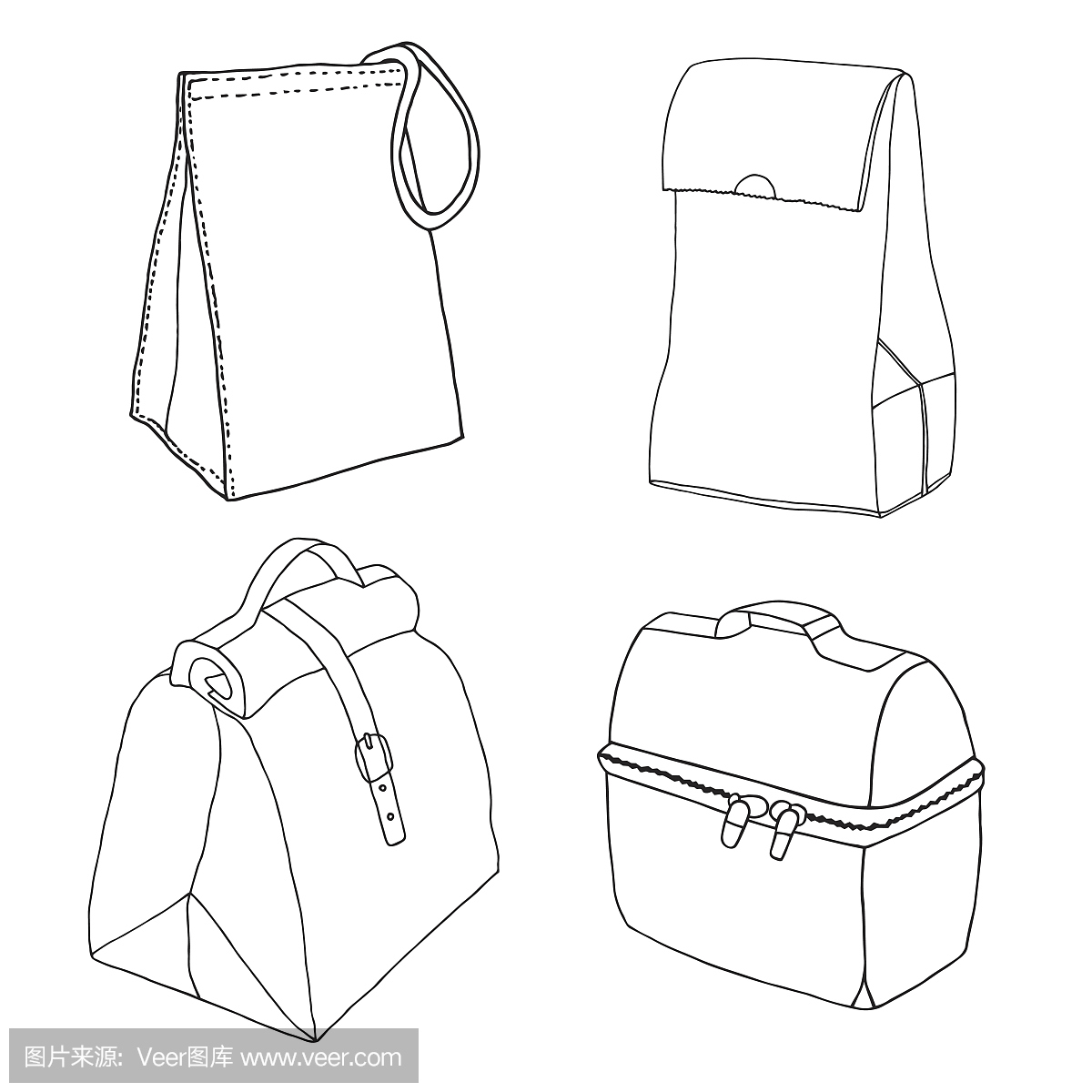午餐盒系列。简单的午餐袋概念。各种食品袋和