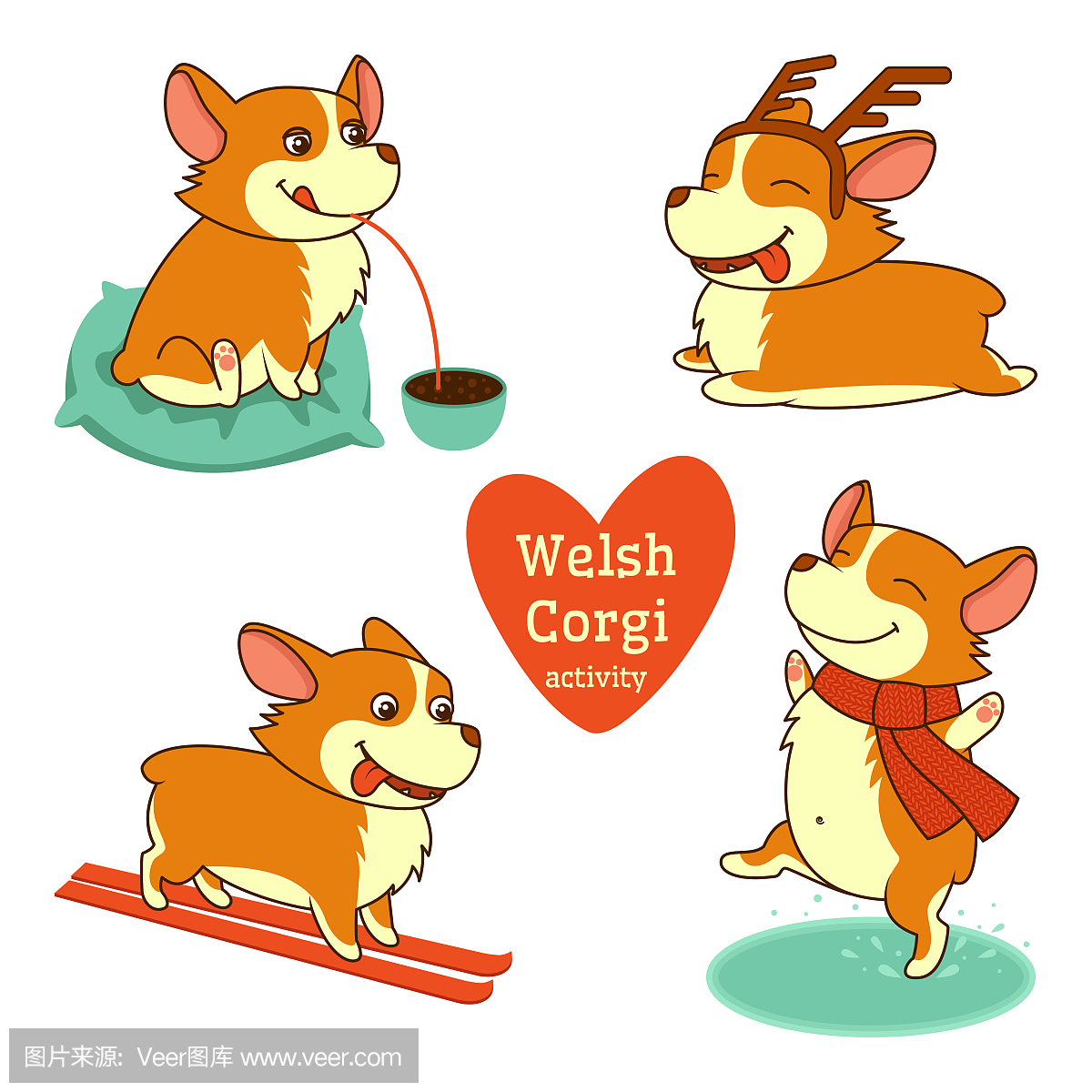 在不同的活动中设置的威尔士柯基犬字符插图