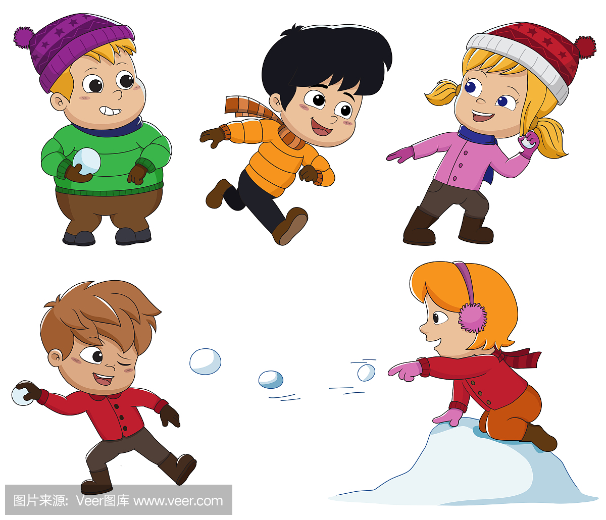 在冬天,孩子们非常高兴地玩雪。矢量和插图。